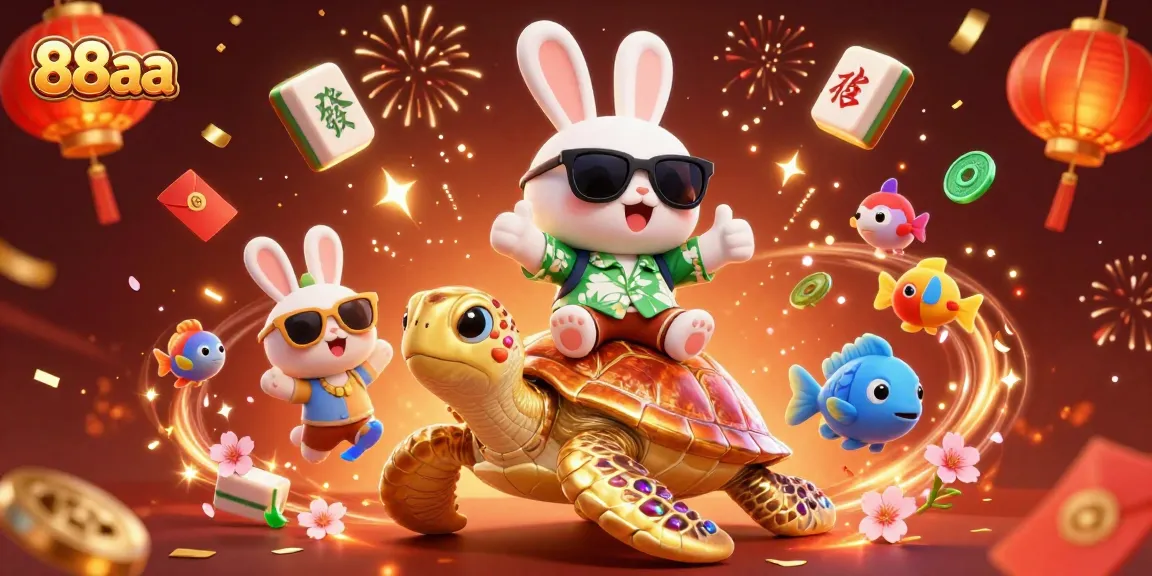 Experience thrilling gaming at 88aa with our charming lucky rabbit and golden turtle amidst vibrant casino elements.