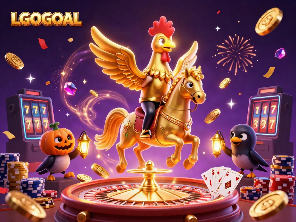 Experience the vibrant casino world of LGOGOAL with golden rooster and magical elements.