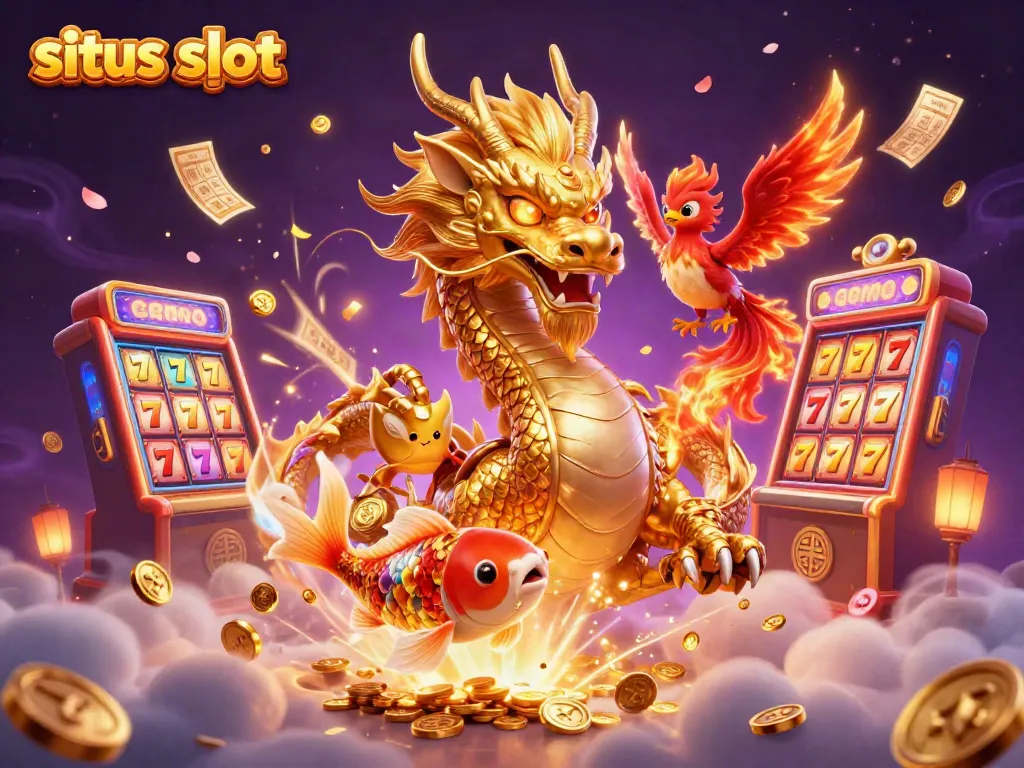 Engage with the dynamic situs slot scene featuring a powerful dragon and vibrant casino elements.