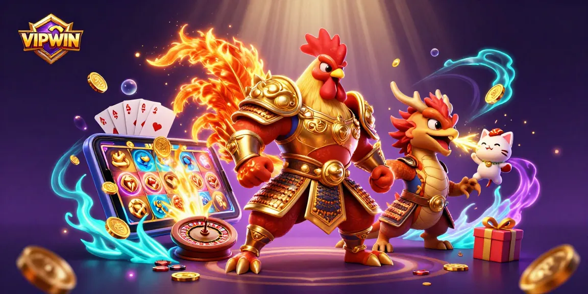 Experience thrilling gaming with VIPWIN's dynamic characters and casino elements in a vibrant 3D illustration.