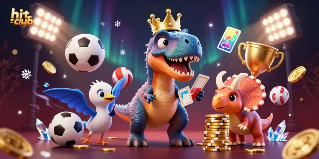 Engage with the hit club scene featuring a T-Rex card player and a baby triceratops stacking chips in a vibrant casino.