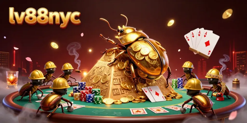 Experience the thrill of gambling with lv88nyc's golden beetles rolling treasures in a captivating casino scene.