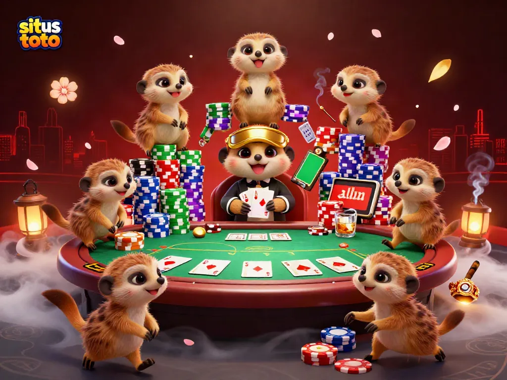 Meerkats engaging in a vibrant casino scene, showcasing situs toto with colorful poker chips.