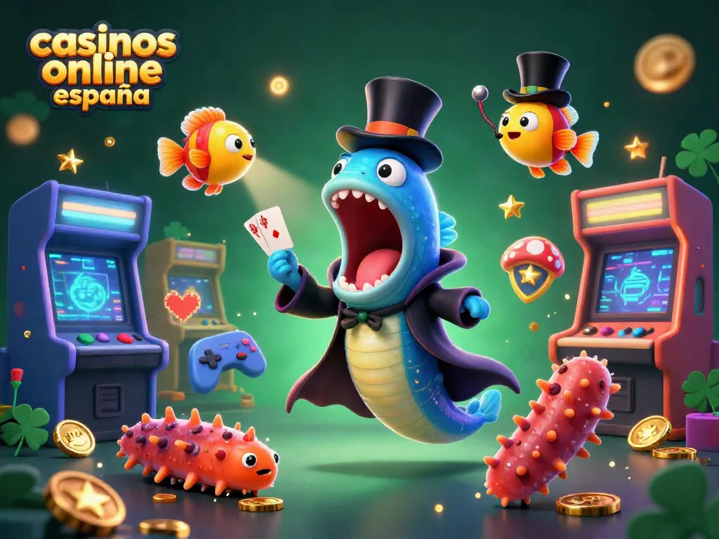 Una ilustración colorida de casinos online España donde un pez luchador y un pez linterna realizan trucos mágicos con cartas.