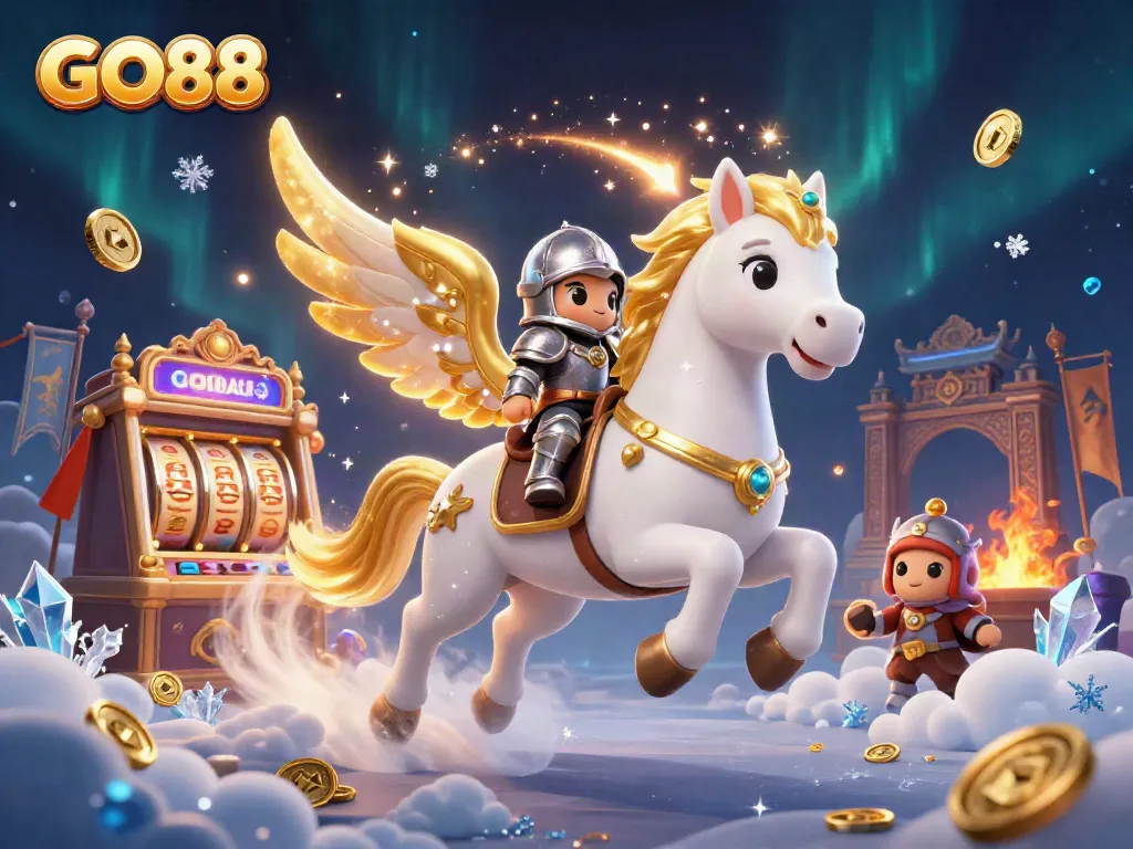 Experience the excitement of GO88 with a 3D illustration of a knight riding a celestial horse in a dynamic casino setting.