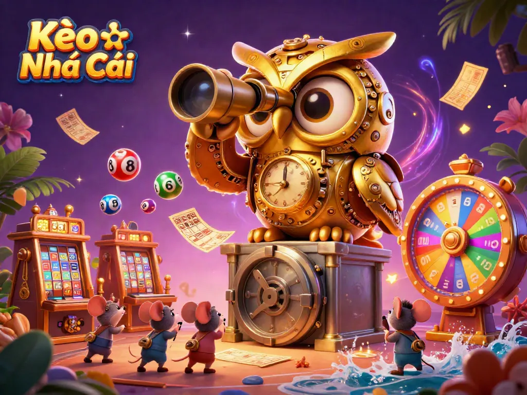 Kèo Nhà Cái showcases a dynamic casino scene with a golden owl and playful mice amidst vibrant game elements.