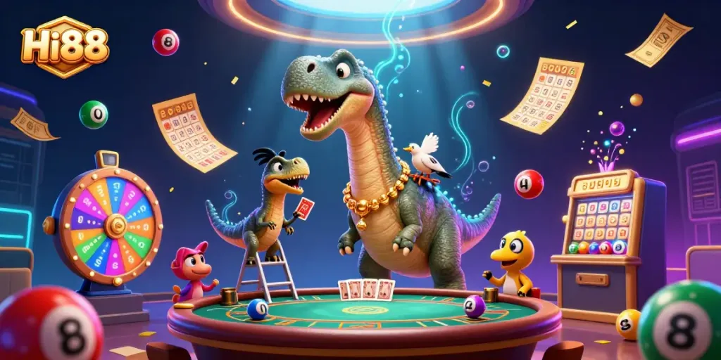 Experience thrilling entertainment with Hi88, featuring an energetic casino scene with dynamic characters and vibrant gaming elements.