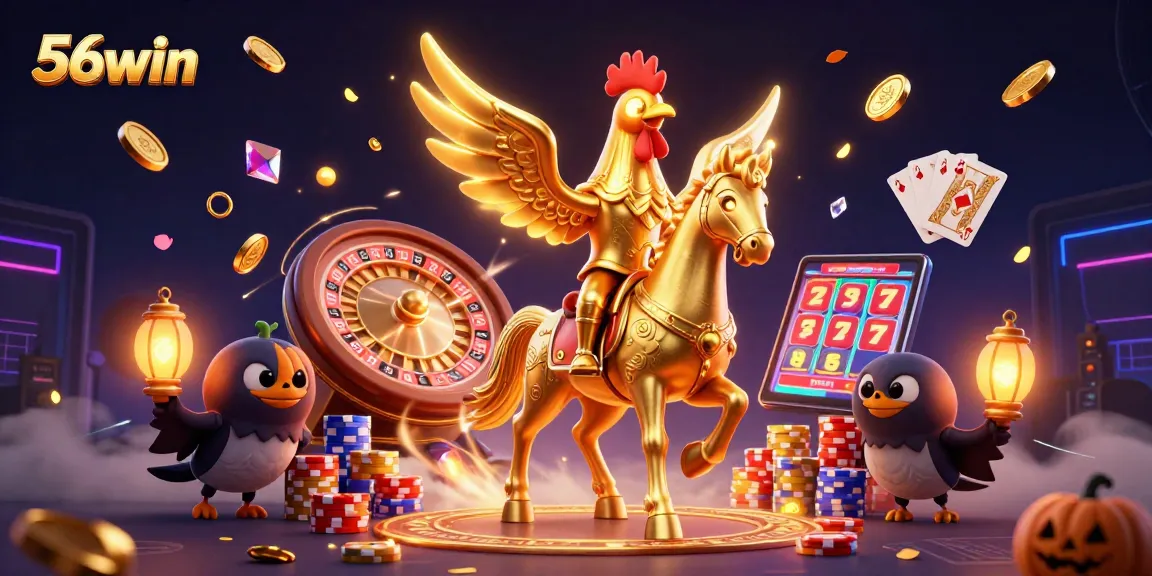 56win showcases a golden rooster in a vibrant casino scene with cascading coins and cards.
