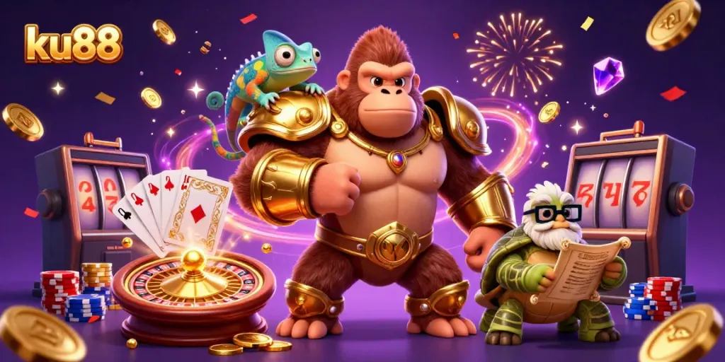 ku88 gaming characters celebrating with coins and cards in a vibrant casino atmosphere