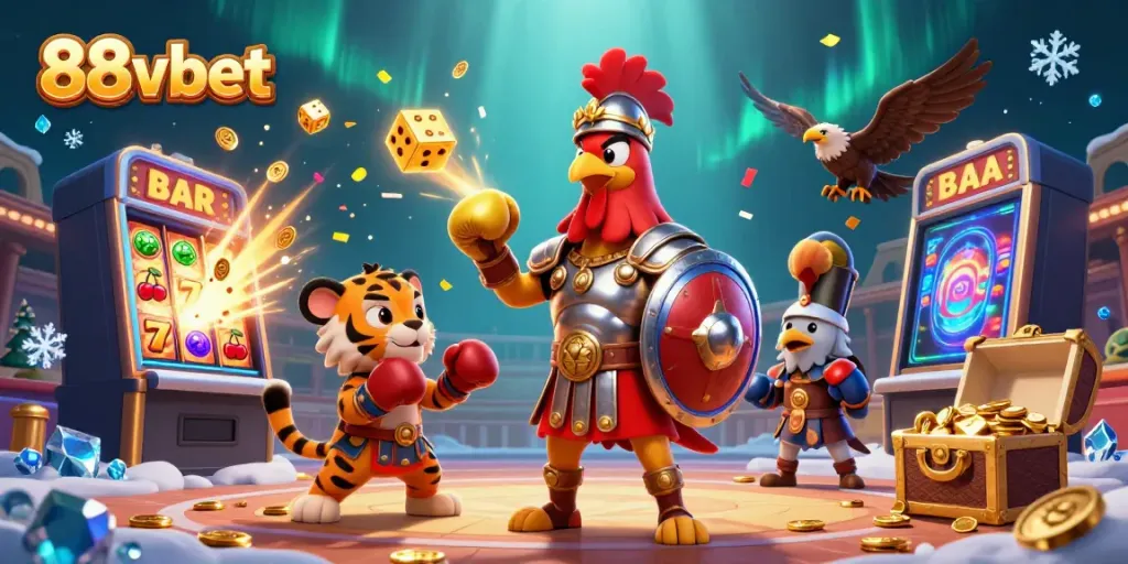 88vbet casino scene with a gladiator rooster and tiger cub amidst vibrant jackpot celebrations.