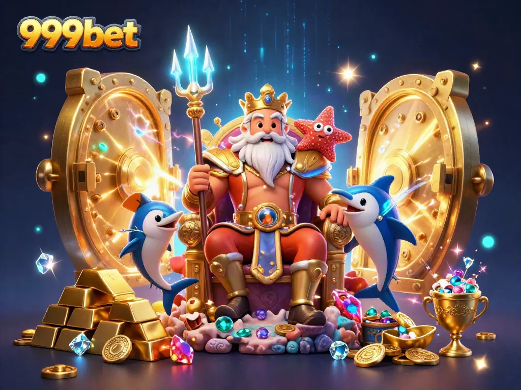 Engage with the thrilling 999bet casino experience, highlighted by a vibrant 3D sea king scene filled with treasure.