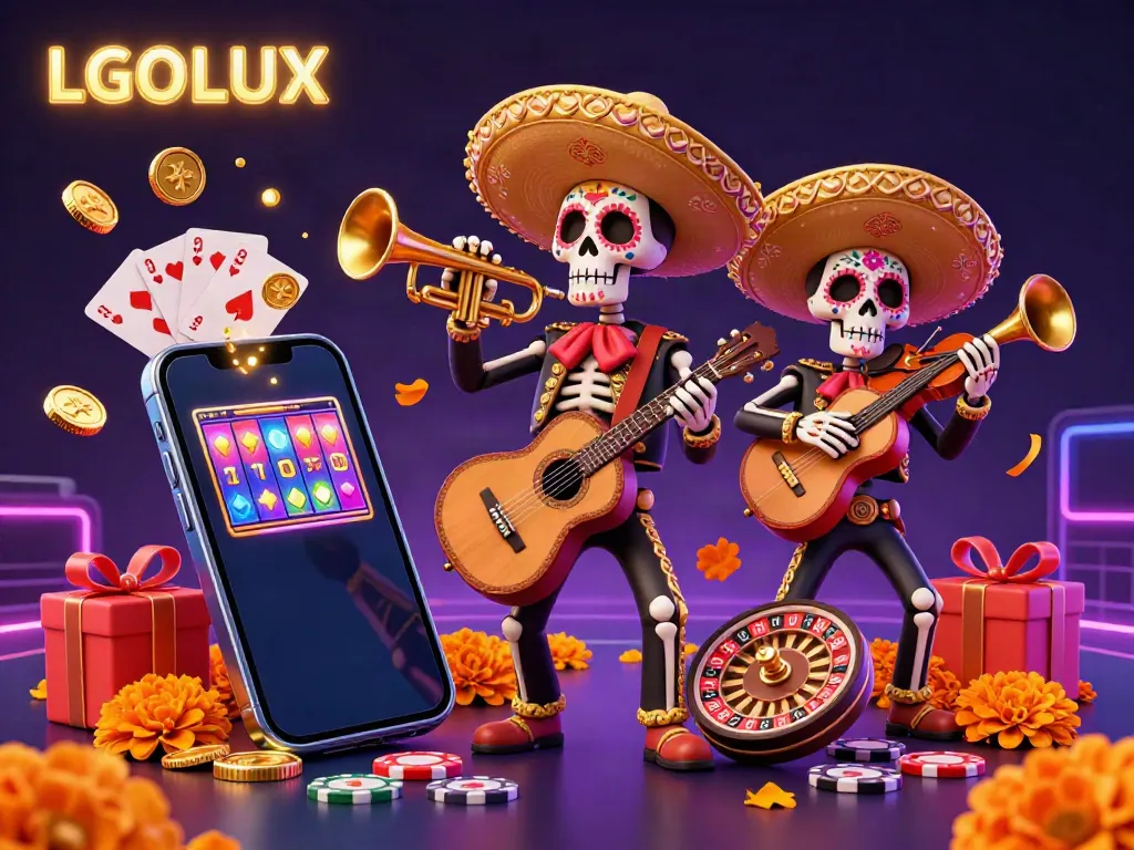 Engage with the vibrant LGOLUX scene featuring a festive mariachi band amidst casino elements like slot games and poker chips.