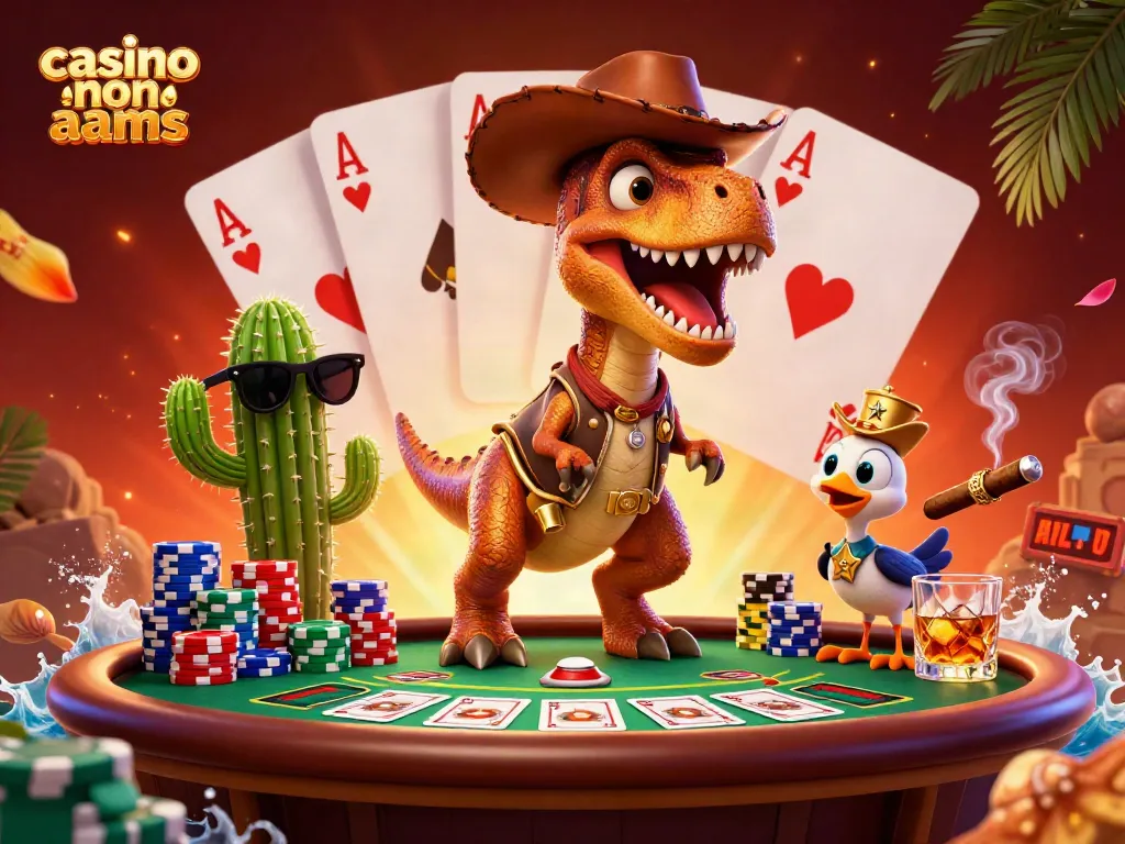 Giocare al casino non aams con un T-Rex cowboy, tavolo da poker e tante chips colorate.