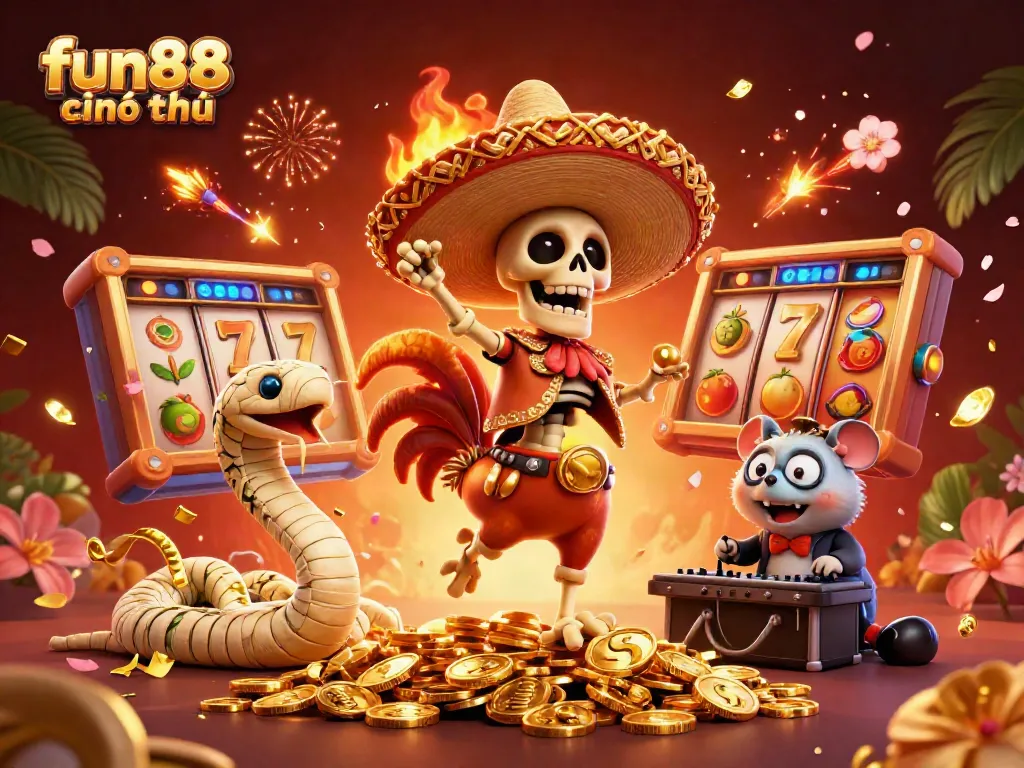 Engage with fun88 chính thức, featuring lively characters in an energetic casino scene celebrating wins.