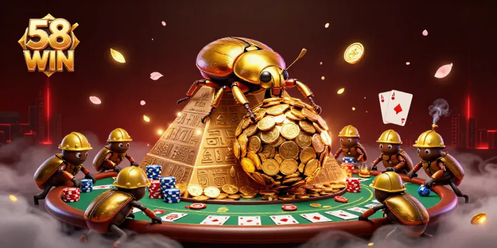 Engage in the colorful world of 58 WIN casino with golden beetles rolling coins in a vibrant illustration.
