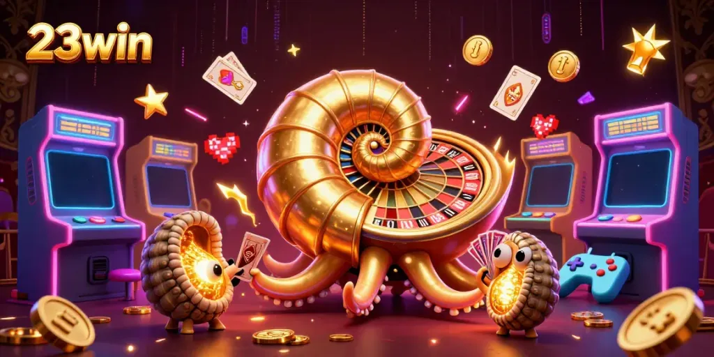 Experience 23win's exciting gaming with vibrant characters, cards, and dynamic casino elements.