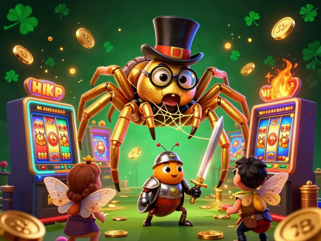 Engage with situs toto casino action featuring a golden tarantula and beetle knight amid vibrant slot machines.