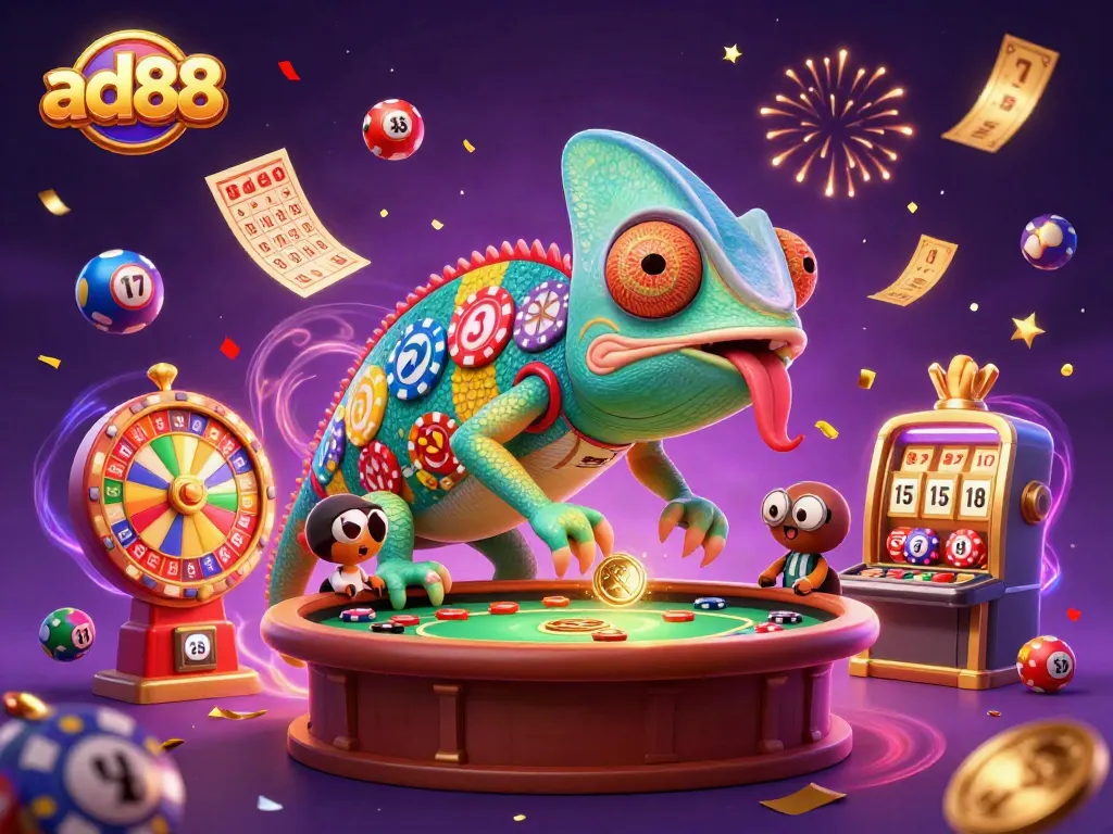 Engage in dynamic gameplay with ad88 featuring vibrant lottery balls and a colorful chameleon casino owner.
