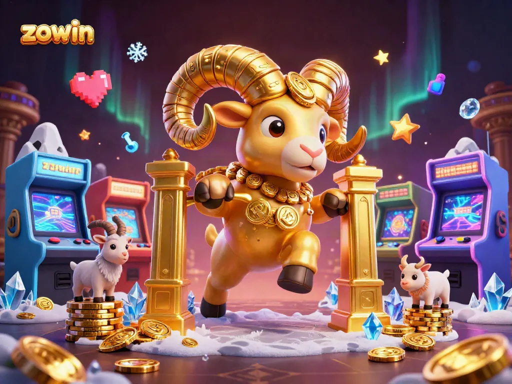 Experience the excitement of zowin with golden ram charging at a casino gate, surrounded by colorful game elements.