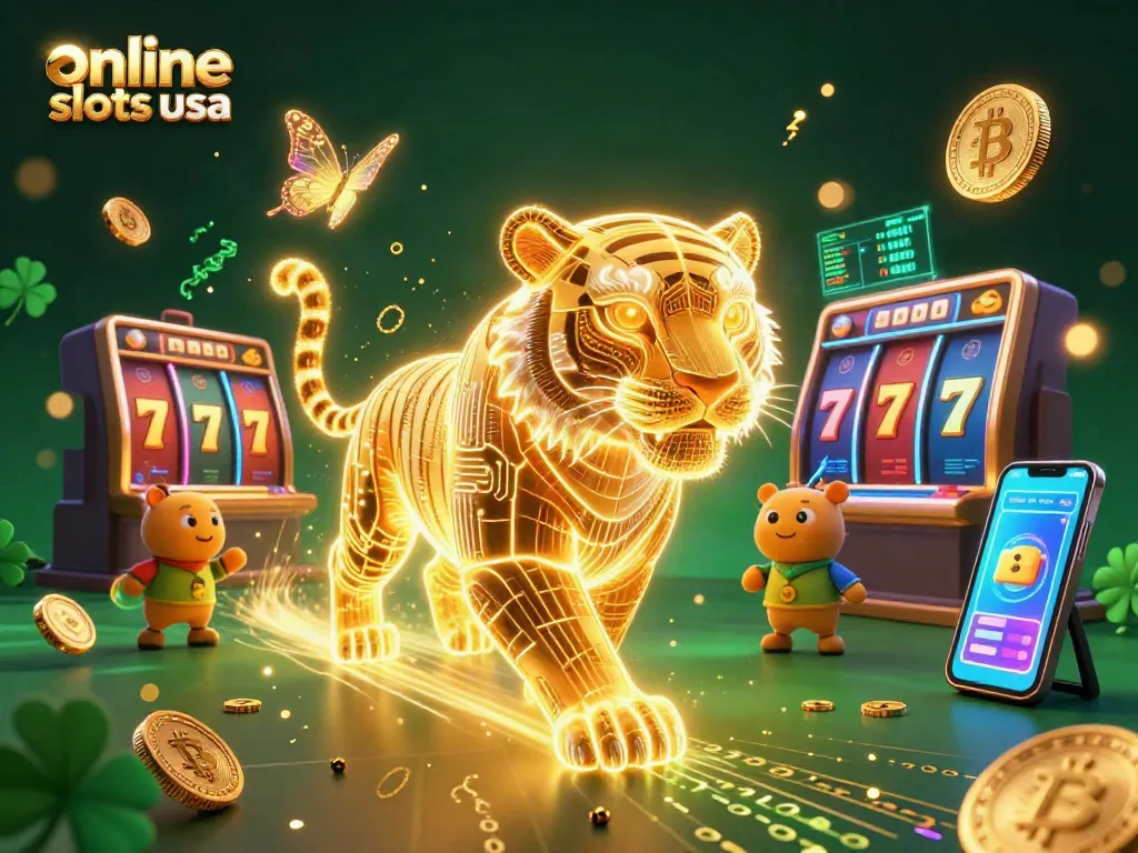 Play engaging online slots USA with a vibrant 3D casino scene featuring neon characters and energetic gaming elements.