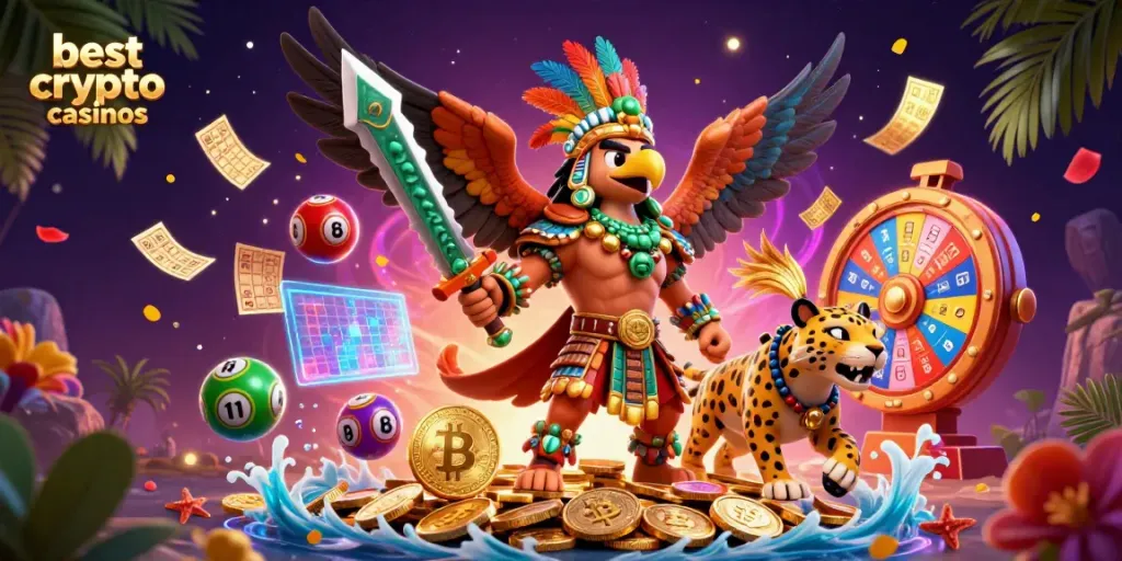 Experience the best crypto casinos with dynamic gaming elements and vibrant characters in a 3D scene.