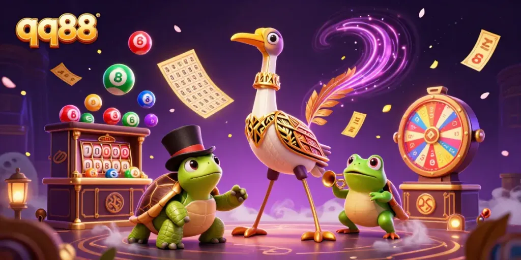 Engage in thrilling games at qq88 with vibrant elements like colorful lottery balls and dynamic prize wheels.