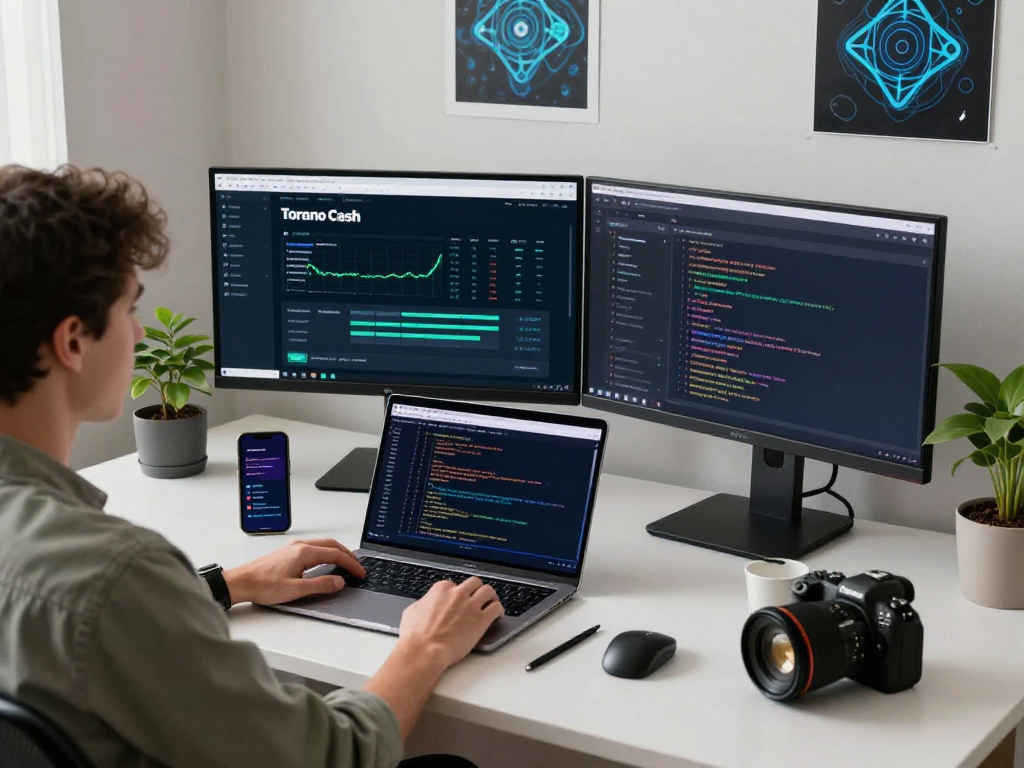 Engaged user analyzing tornardocash cryptocurrency transactions in a modern digital workspace, showcasing privacy technology in action.