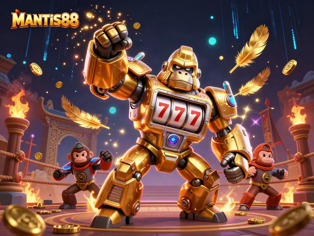 MANTIS88 showcases a thrilling 3D illustration featuring a golden gorilla mech and vibrant casino elements.