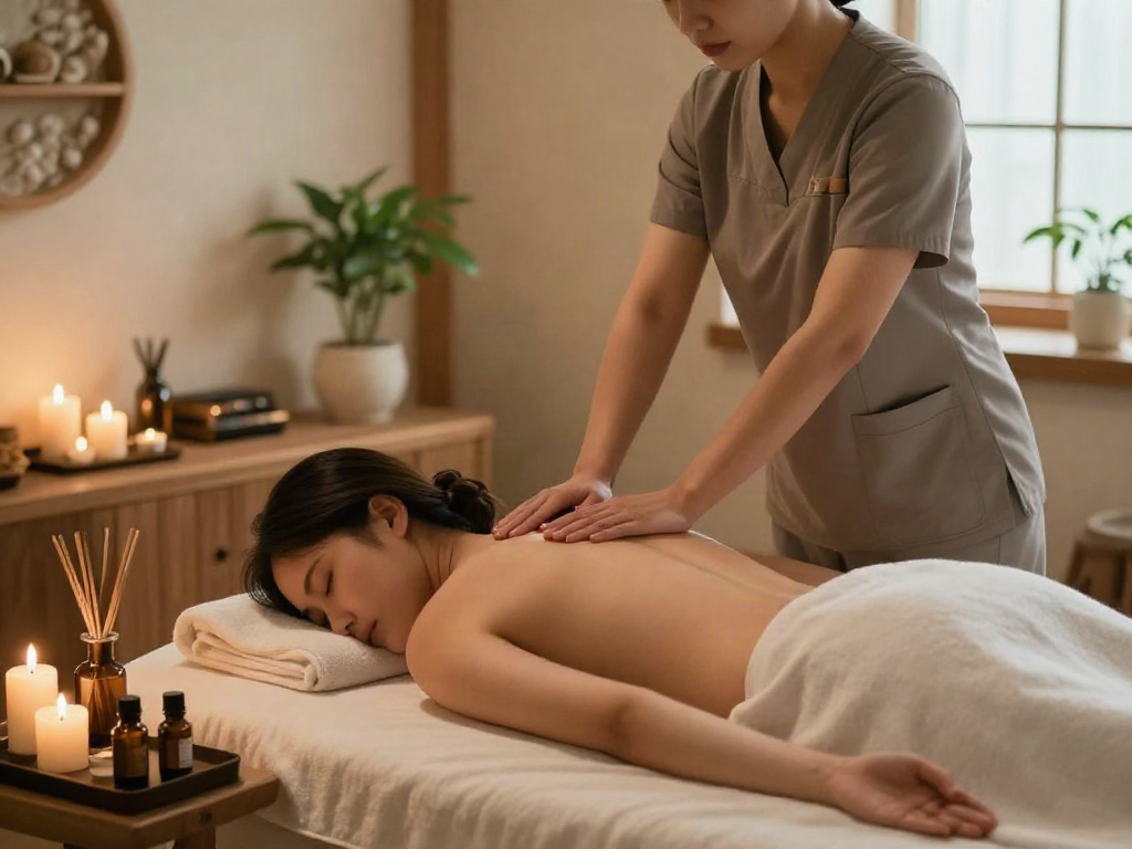 Experience a relaxing 성남출장안마 massage in a tranquil spa setting with candles and soothing decor.