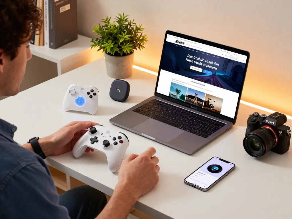 Showcasing top 10 tech gadgets 2085 in a modern workspace with Bluetooth devices.