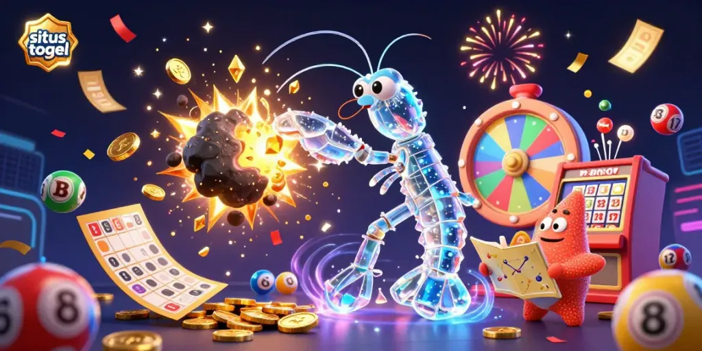 Experience the excitement of situs togel with a vibrant 3D illustration of a galactic samurai mantis shrimp and stunning casino elements.