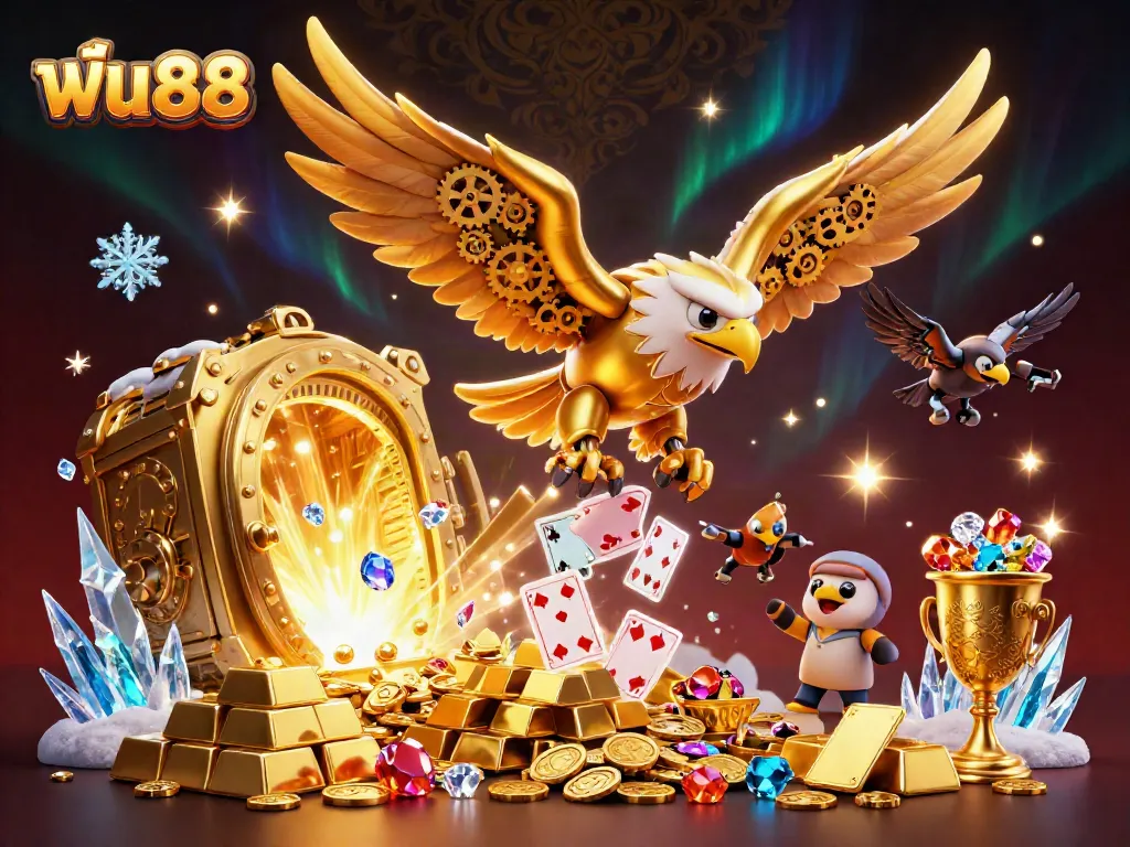 ฟัน888 showcases an artistic descent of a golden eagle amid holographic cards, embodying dynamic betting action.