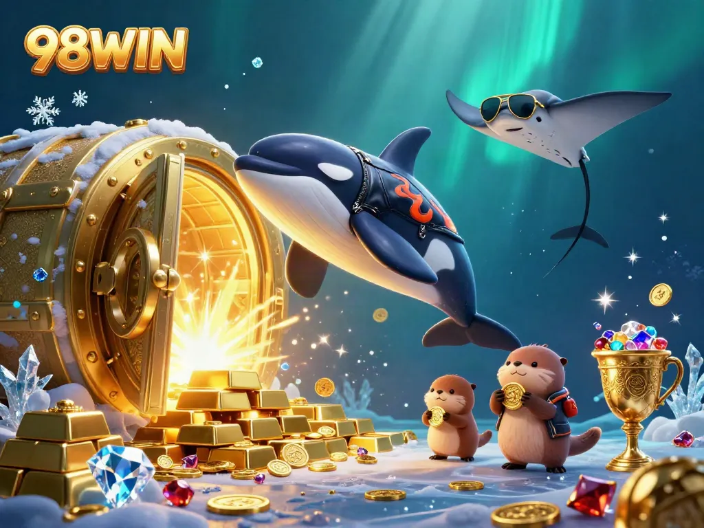 Join the excitement at 98WIN with a playful orca and sea otters amidst gold treasures in this vibrant casino scene.