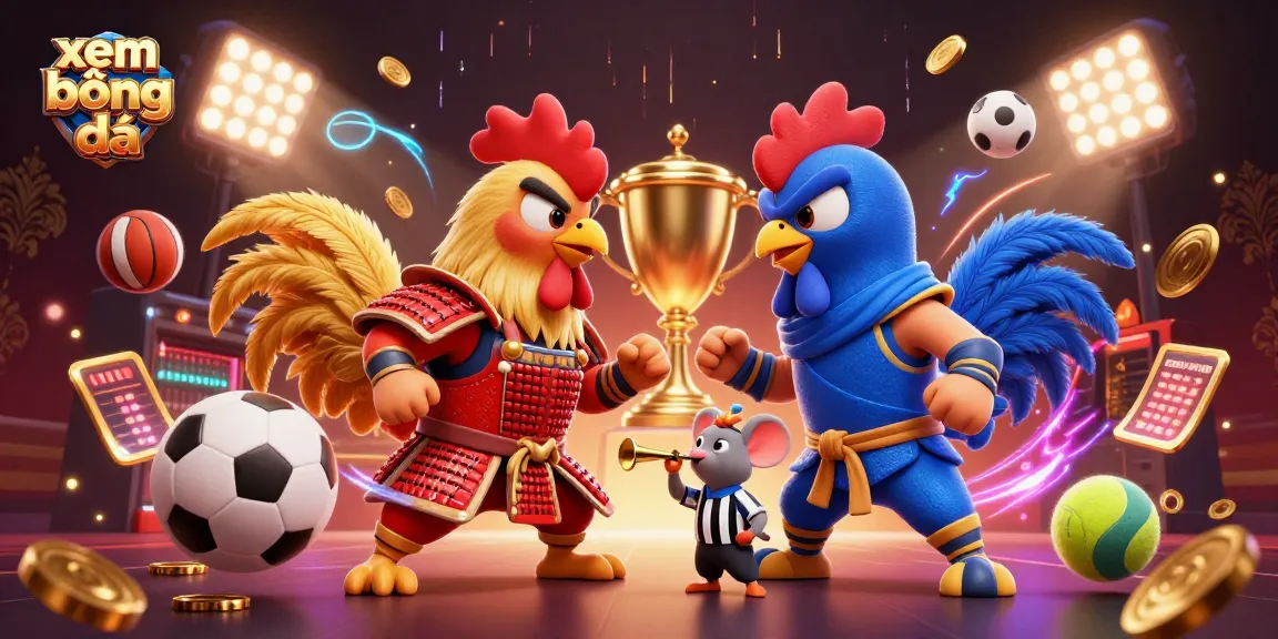 Xem bóng đá with dynamic betting elements, 3D cartoon roosters in dramatic standoff, vibrant sports action.