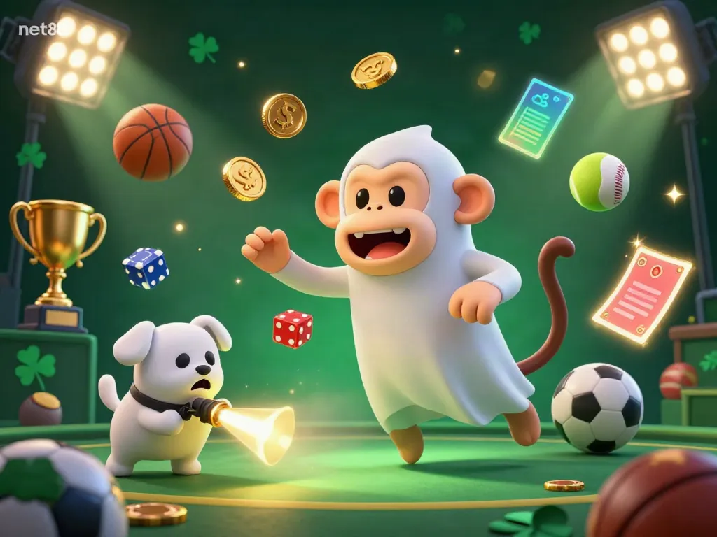 Experience winning with net88 as mischievous characters engage in thrilling casino action filled with gold coins and sports excitement.
