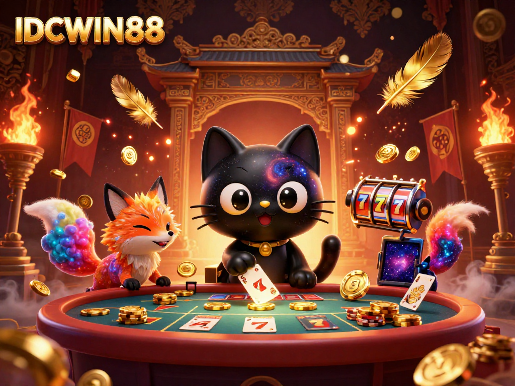 Engage with the dynamic atmosphere of IDCWIN88's cosmic casino, featuring a black hole cat pulling in chips.