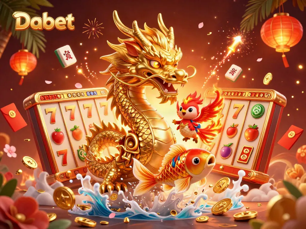 Dabet showcases a vibrant dragon scene featuring a golden dragon, a red phoenix, and a koi fish amidst rich casino elements.