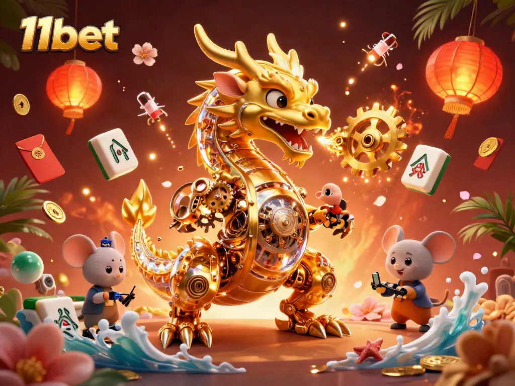 Engage with 11bet's thrilling gaming world featuring a golden dragon, lucky charms, and vibrant festive elements.