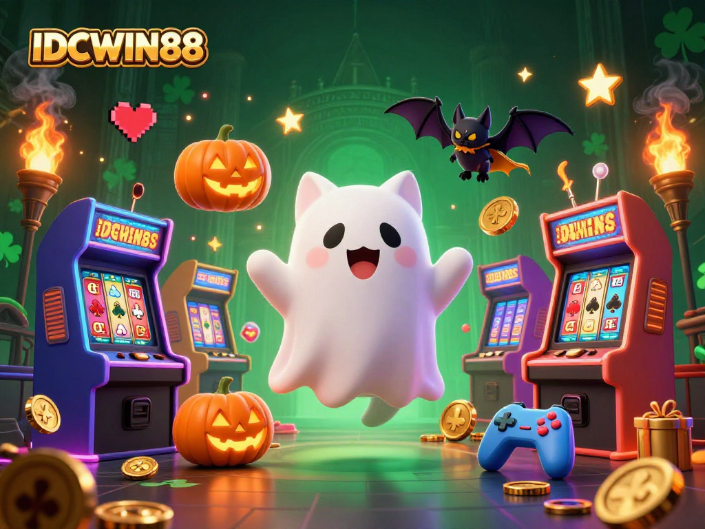 Engage with IDCWIN88 in a vibrant haunted casino scene featuring a ghost cat and vampire bat.