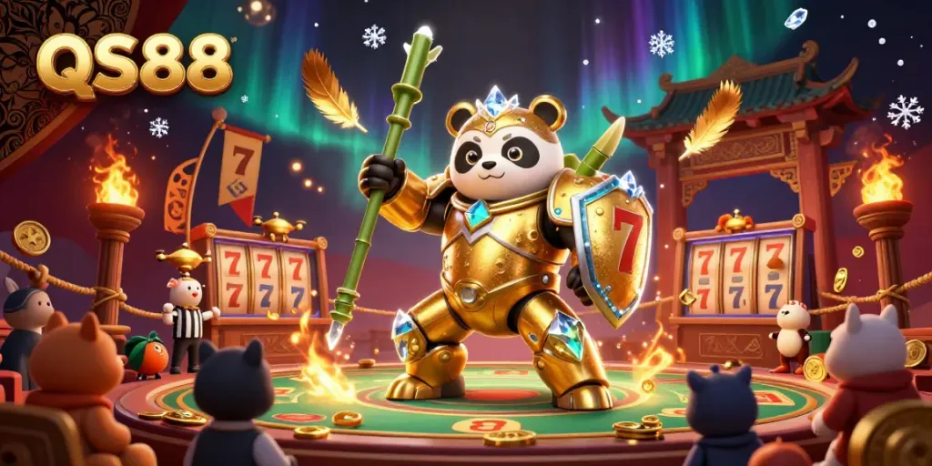 Experience the thrilling QS88 casino adventure with a golden panda in a mech suit at the gambling arena.