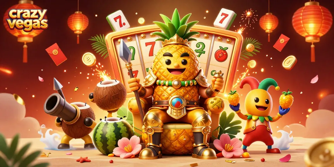 Experience casino joy at crazyvegas with a golden pineapple king amid lively slot reels and vivid decorations.