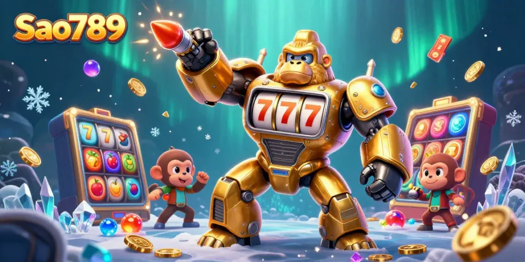 Sao789 transforms excitement into action with a gold mech bursting with coins and gaming elements