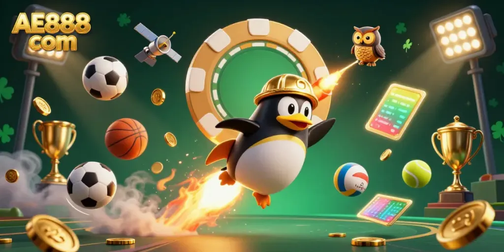 Experience thrilling gaming with AE888 com as a cartoon penguin blasts through a vibrant casino-themed universe.