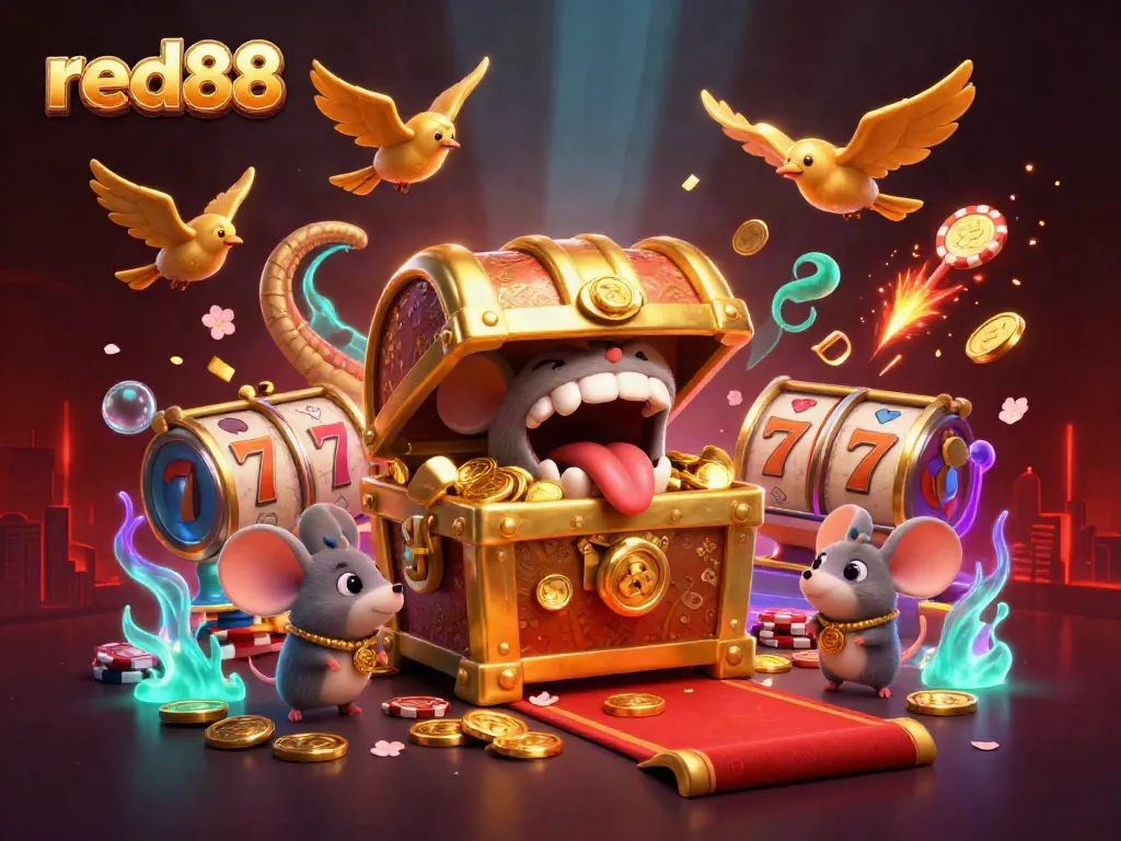 Engage with thrilling gaming experiences at red88, featuring a vibrant 3D casino illustration of treasure and rewards.