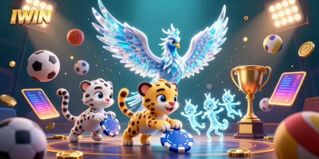 IWIN captures the excitement of gaming with a phoenix, snow leopard cub, and ice sprites amidst vibrant casino elements.