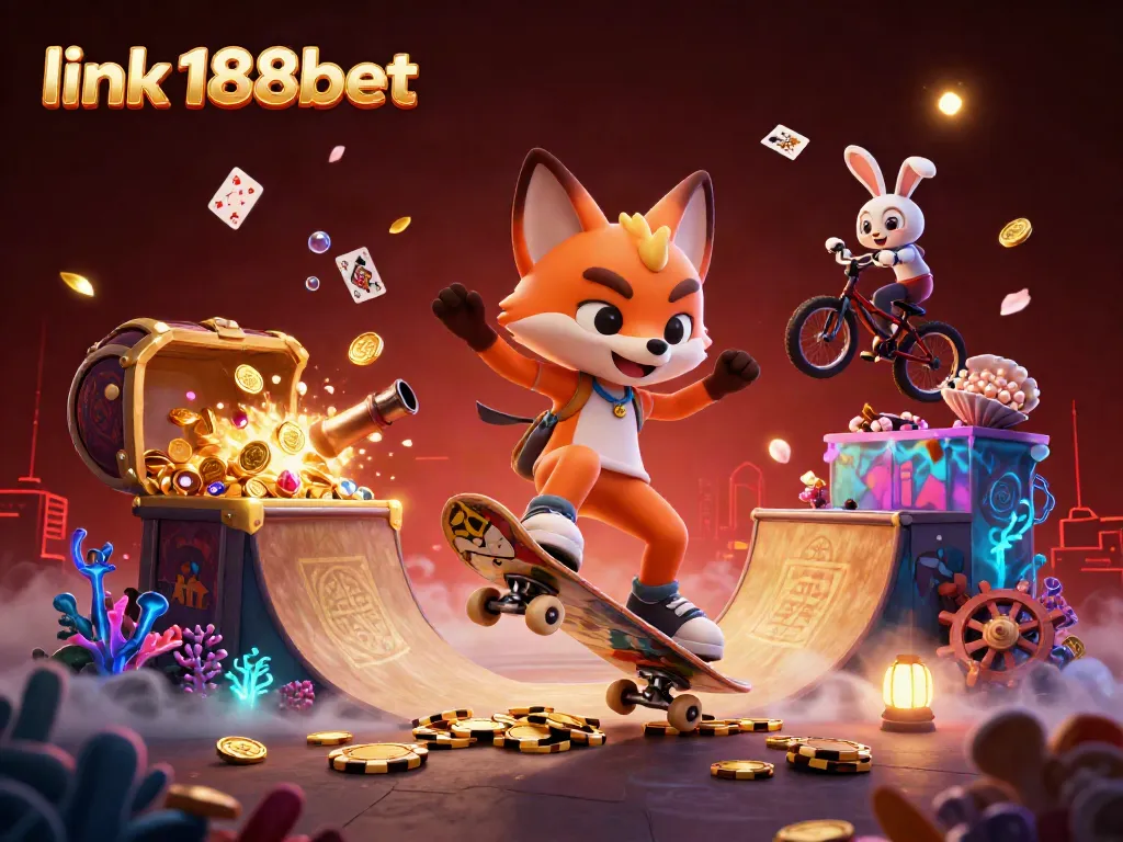 Engage with link 188bet in a vibrant 3D scene featuring a skateboarder fox and a BMX rabbit among casino elements.
