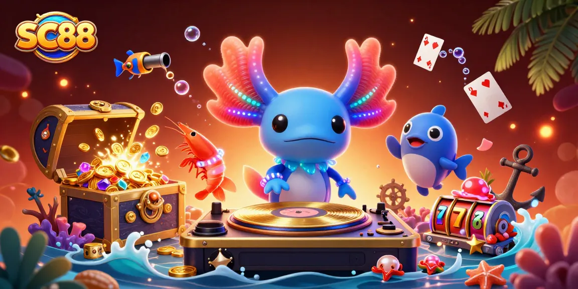 SC88 casino app features vibrant animation of a DJ and friends emerging through underwater treasures.