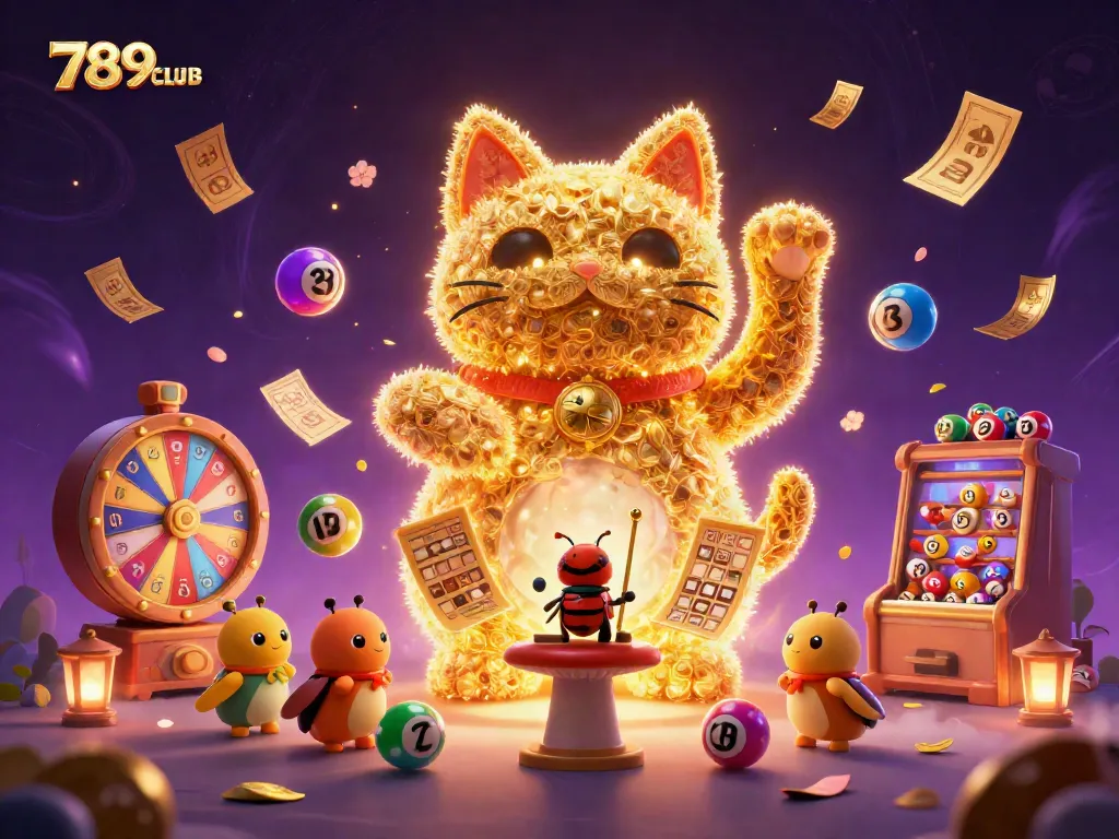 789CLUB features a dynamic illustration of a lucky cat and fireflies in a vibrant casino scene.