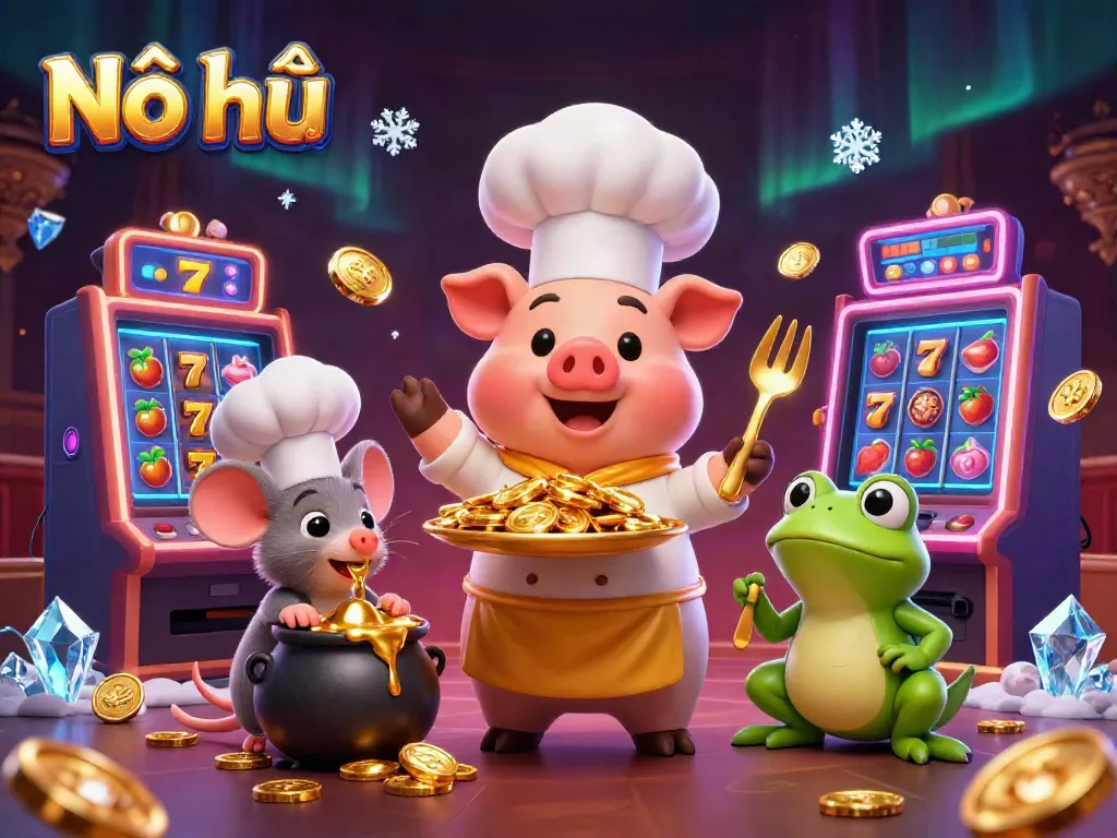 Engage in thrilling Nổ hũ gameplay with vibrant 3D characters and slot machines amidst dynamic gold coins.