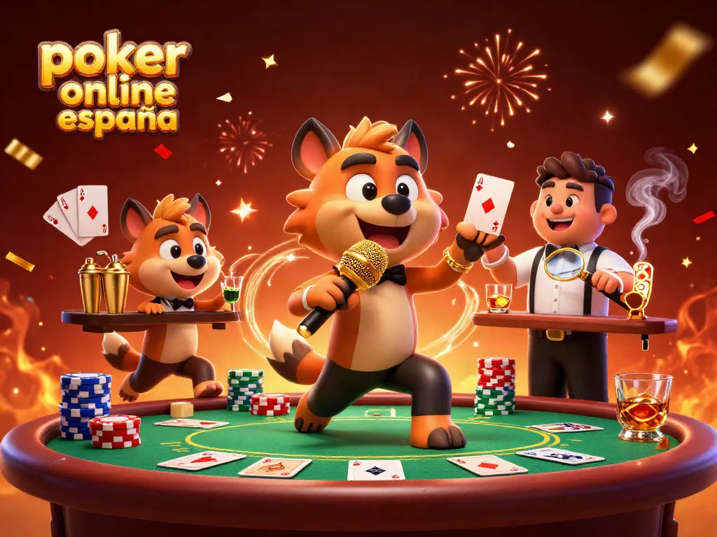 Juega al póker online España en un ambiente festivo con hienas cómicas en un casino lleno de energía.